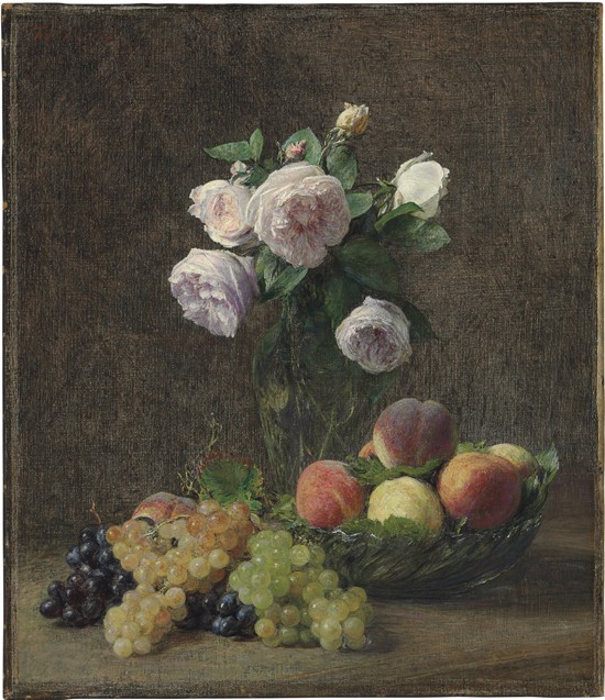 Vase de roses, pêches et raisins à Henri Fantin-Latour