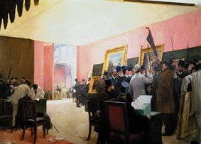 Le jury siège dans le salon des Artistes français en 1883. à Henri Gervex