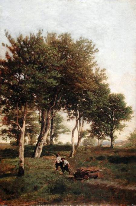 Landscape with Two Boys Carrying Firewood à Henri Harpignies