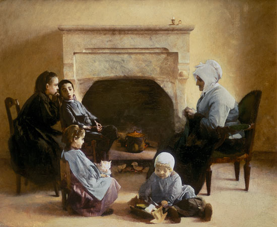 Family seated around a hearth à Henri Jules Jean Geoffroy