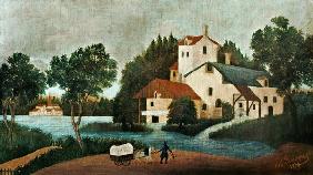 Paysage avec le moulin à eau et la voiture