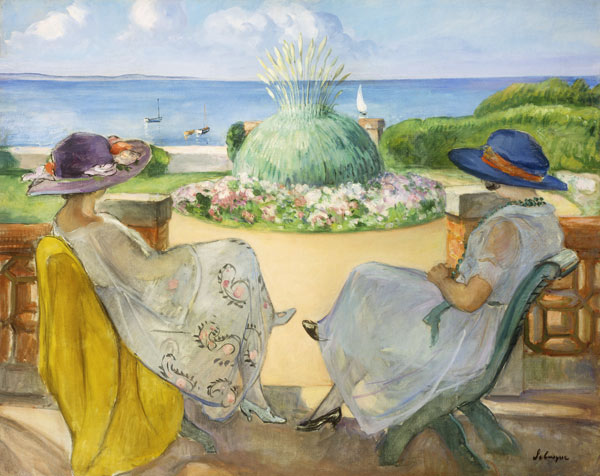 Zwei junge Frauen auf einer Terrasse am Meer à Henri Lebasque