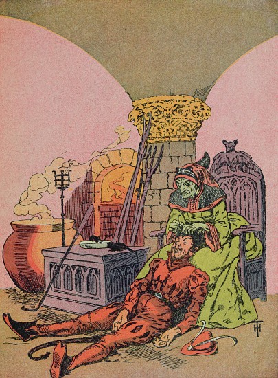 The devils mother pulling the golden hairs from her sons head,illustration for the Grimm fairy tale  à Henri Thiriet