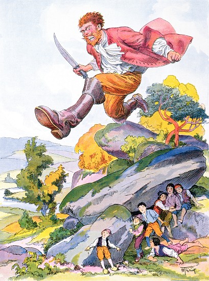 The Ogre hunting for Tom Thumb and his brothers, illustration for a Perrault fairy tale Tom Thumb (L à Henri Thiriet