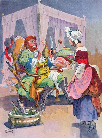The Ogre smells fresh human flesh, illustration for a Perrault fairy tale Tom Thumb (Le Petit Poucet à Henri Thiriet