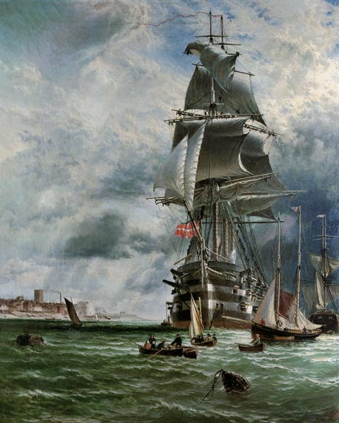 H.M.S. St. Vincent at her Moorings off the Entrance to Haslar Creek, Portsmouth à Henry Dawson