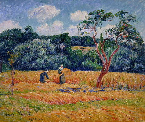 Figures harvesting a wheat field (oil on canvas) à Henry Moret