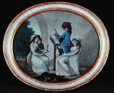 A reverse glass painting showing lady musicians à Henry W. Banbury