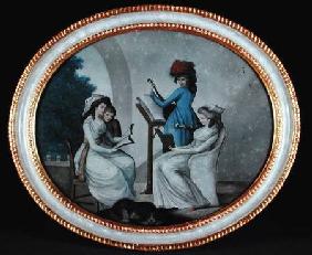 A reverse glass painting showing lady musicians