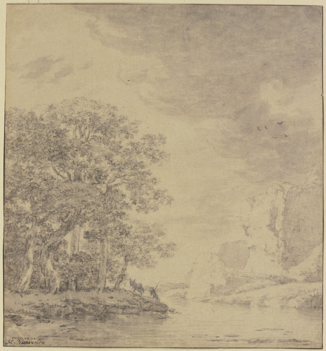 Baumpartie am Wasser, rechts eine Felsböschung à Herman Naiwinx