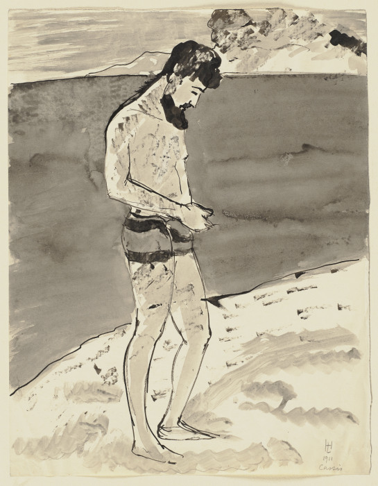 Bärtiger Mann in Badehose an der Côte d’Azur à Hermann Lismann