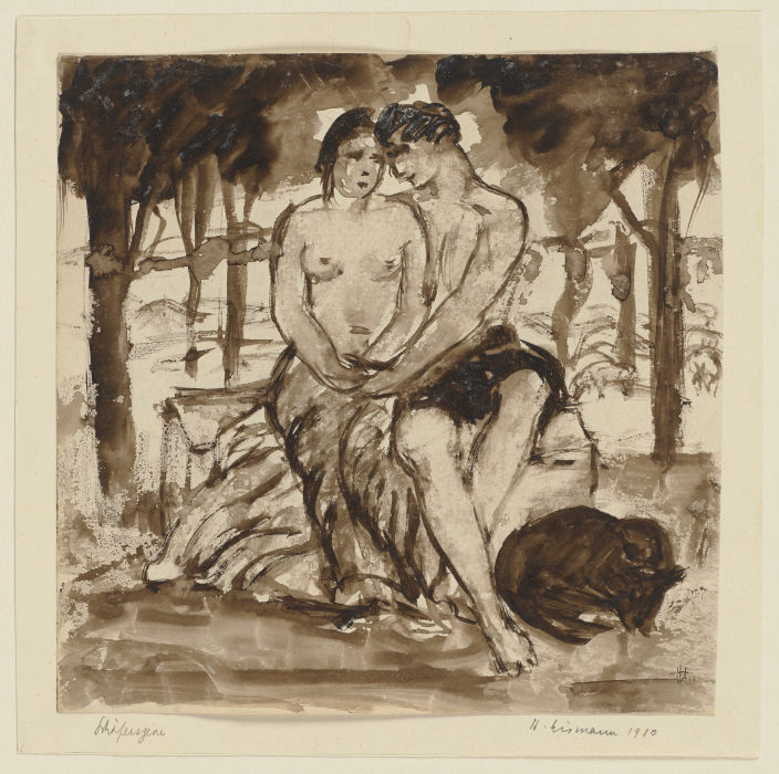 Schäferszene: Paar mit nacktem Oberkörper unter Bäumen sitzend, neben ihnen ein Hund à Hermann Lismann