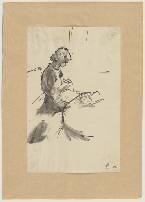 Strickende Frau, auf dem Tisch ein Buch liegend à Hermann Lismann