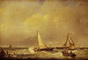 Paysage de mer avec des navires à voile et un bateau à rames. à Hermanus Koekkoek