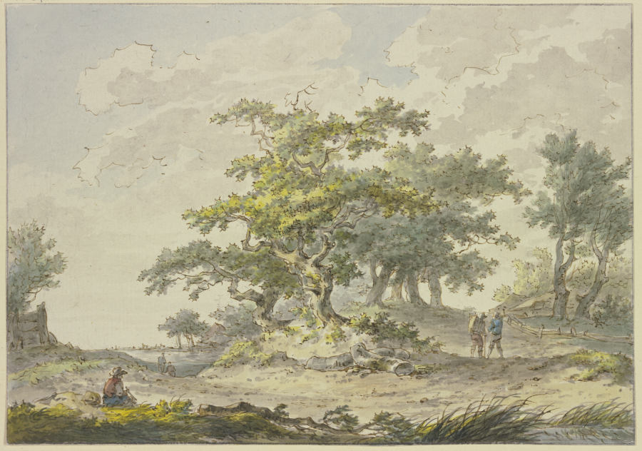 Gruppen von Eichbäumen, rechts zwei Wanderer, links eine sitzende Figur à Hermanus van Brussel