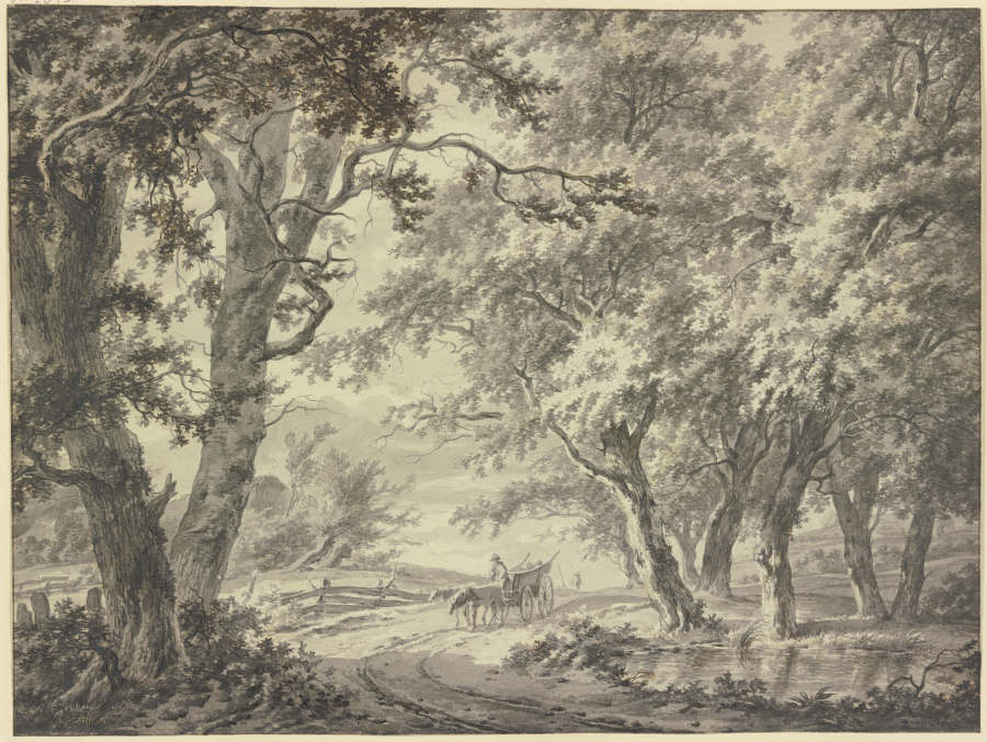 Weg in den Wald, am Weg ein Gatterzaun und ein Bauernwagen mit zwei Pferden à Hermanus van Brussel