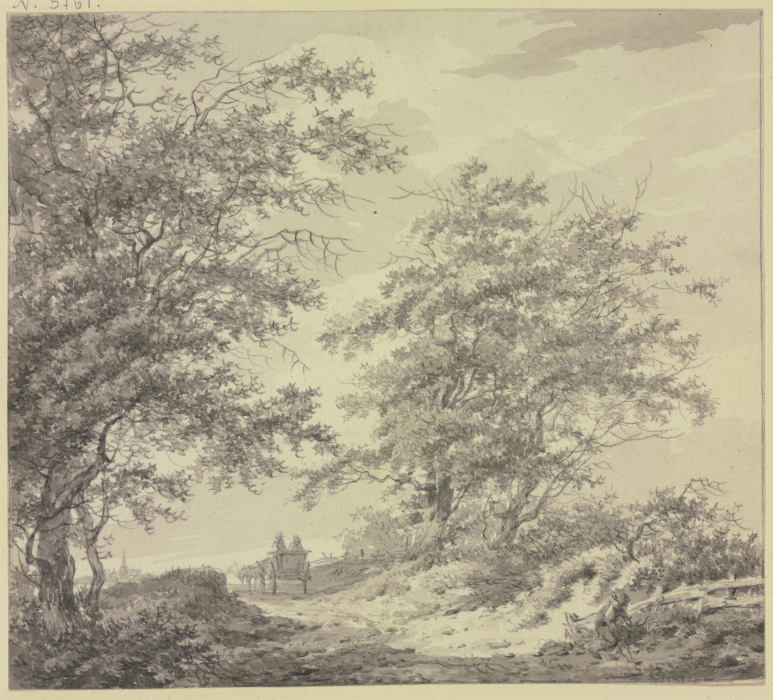 Weg zwischen zwei Baumgruppen mit einem Wagen, rechts am Zaun ein sitzender Mann à Hermanus van Brussel
