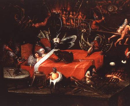 The Inferno, detail of a couple in bed surrounded by monstrous animals à Herri met de Bles