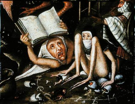 The Inferno, detail of a huddled and gagged creature next to a human monster holding up an open book à Herri met de Bles