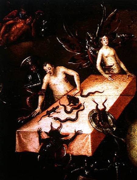 The Inferno, detail of two people around a table with demons à Herri met de Bles