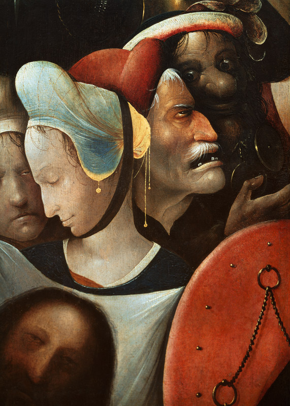 Detail of The Carrying of the Cross showing three faces including St Veronica (see also 28966, 61299 à Jérôme Bosch