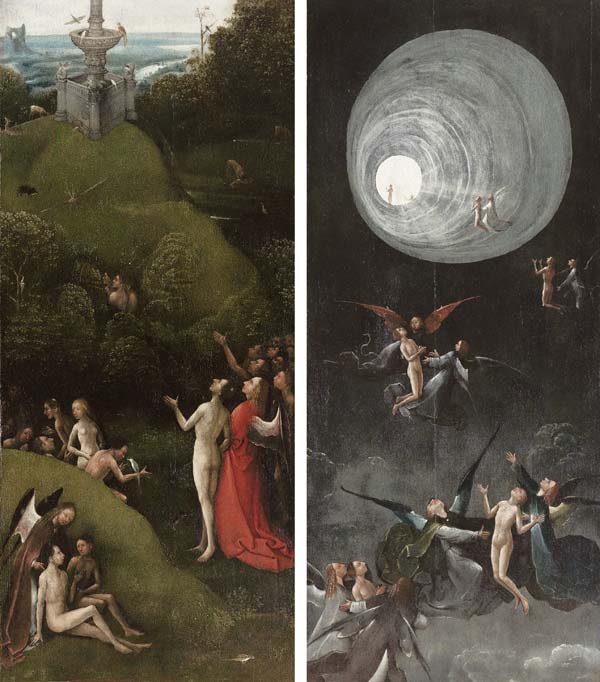 "Le paradis terrestre", détail des visions de l'au-delà de deux (sur quatre) panneaux à Jérôme Bosch