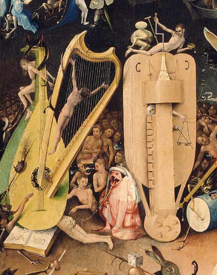 The Garden of Earthly Delights: Hell, detail of musical instuments from the right wing of the tripty à Jérôme Bosch