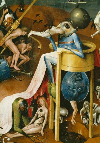 The Garden of Earthly Delights: Hell, right wing of triptych, detail of blue bird-man on a stool à Jérôme Bosch