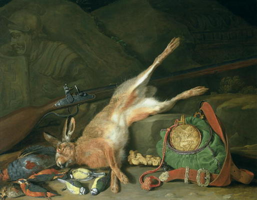Still Life of a Hare with Hunting Equipment (oil on canvas) (for pair see 93439) à Hieronymus l'Ancien Galle