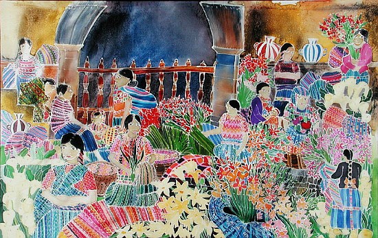 Chichicastango, Market Day (coloured inks on silk)  à Hilary  Simon