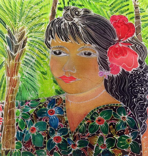 Lady with Hibiscus (coloured inks on silk)  à Hilary  Simon