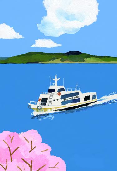 Tourist boat and cherry blossom