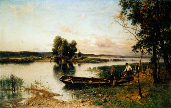 Fishermen unloading their catch in a river landscape à Hjalmar Munsterhjelm