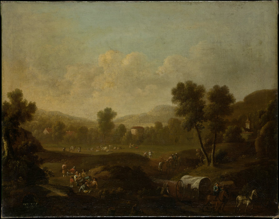 Mountainous Landscape with Figures Resting and Covered Wagon à Maître hollandais du XVIIIe siècle