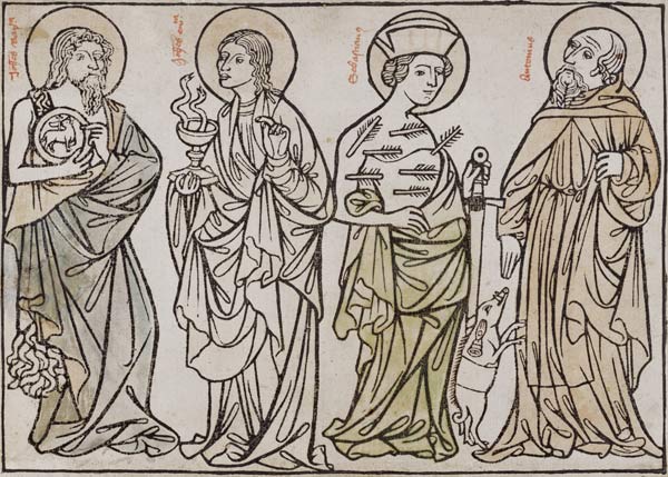 Saint Jean Baptiste, Jean Ev., Sébastien et Antoine à Gravure sur bois (Moyen Âge)