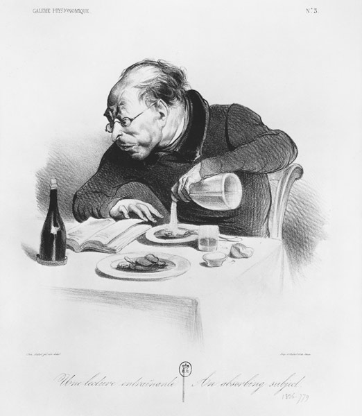 Series ''Galerie physionomique'', Une lecture entrainante, An absorbing subject, plate 3, illustrati à Honoré Daumier