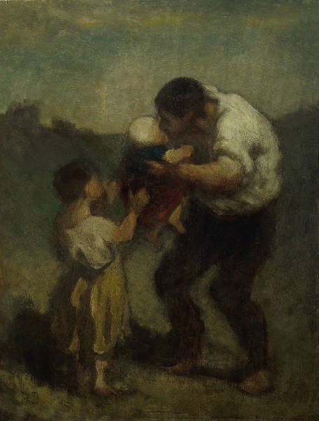Le baiser, ou Un homme et son enfant. The kiss, or A man and his child. Canvas, 37 x 28,5 cm R.F. 19 à Honoré Daumier