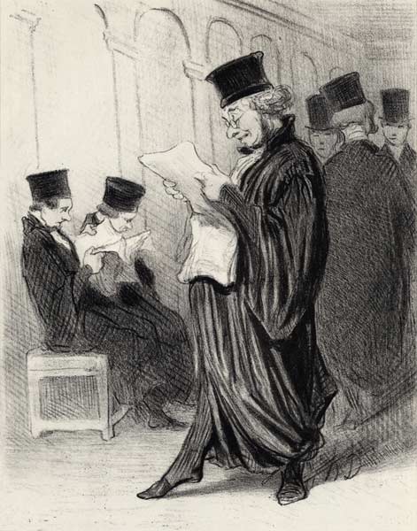 Lawyer Chabotard while reading in a legal journal a eulogy on himself...  (From the series "Les gens à Honoré Daumier