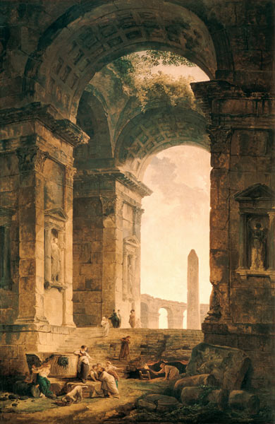 Blick aus Ruinen auf einen Obelisk à Hubert Robert