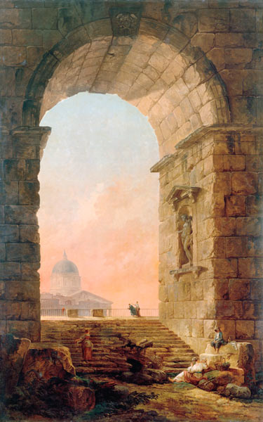 Landscape with an Arch and the St. Peter's Basilica in Rome à Hubert Robert