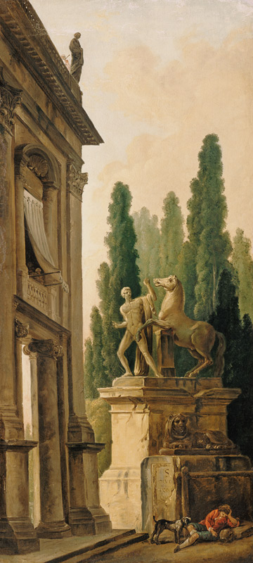 Landschaft mit Denkmal eines Pferdebändigers. à Hubert Robert