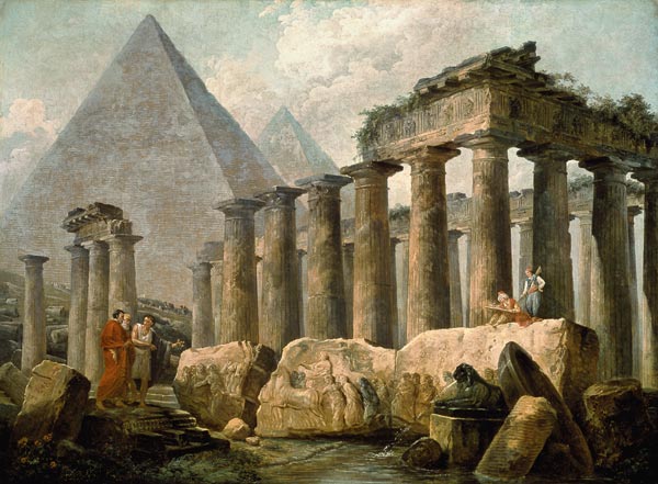Pyramide und antiker Tempel à Hubert Robert
