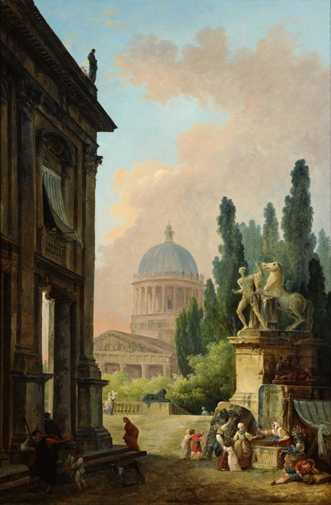 View of Rome with the Horse Tamer of the Monte Cavallo à Hubert Robert