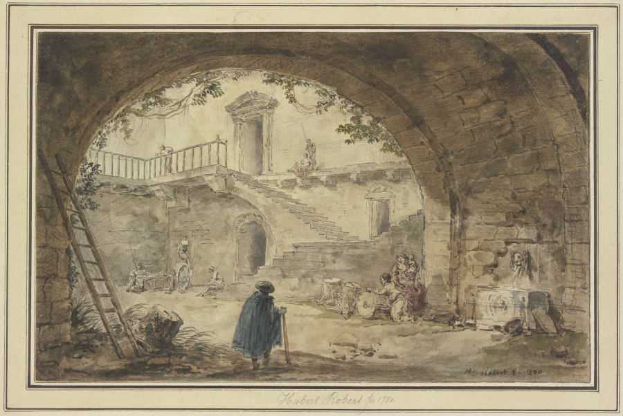 Gewölbe mit antikem Brunnen und Aussicht auf eine Treppe à Hubert Robert