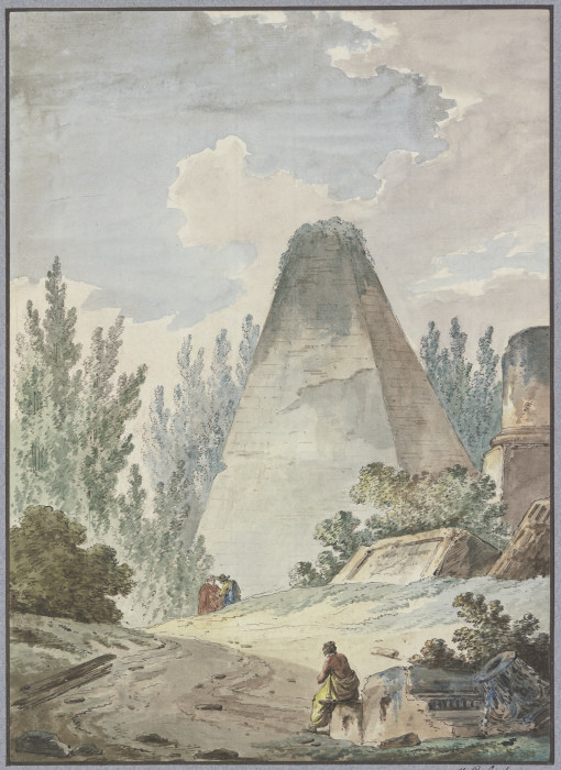 Pyramide mit abgebrochener Spitze in antiker Trümmerlandschaft à Hubert Robert