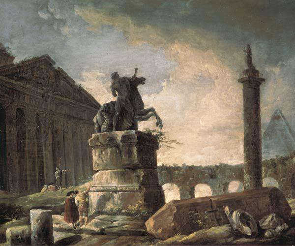 Ruins with statue and ornamented column