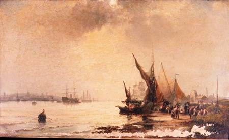 Fisherfolk on the Shore in a Calm Estuary Scene at Daybreak à Hubert Thornley