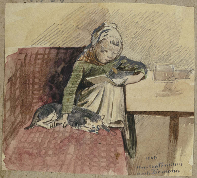Lesendes Kind mit Katze auf der Bank à Hugo Kauffmann