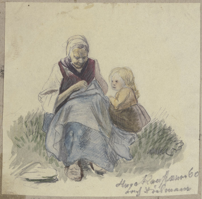 Großmutter, nähend, und Kind à Hugo Kauffmann