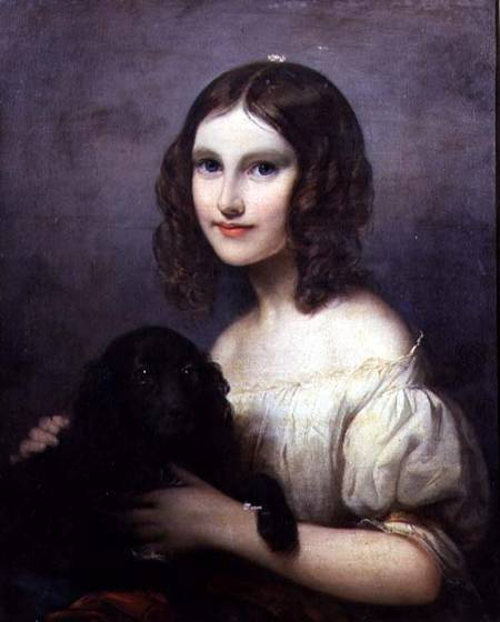 Portrait of a young girl with her pet dog à Hugues Merle